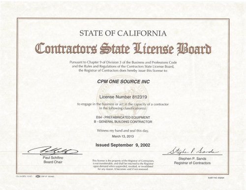 CPM One Source, Inc. Receives Contractors State License